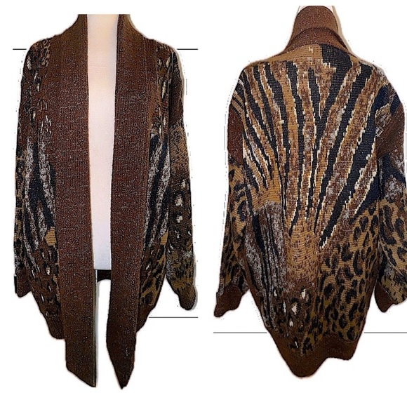 Vintage 80s Cardigan Sweater Multi Animal Print Metallic Leopard Pockets L - Picture 1 of 15